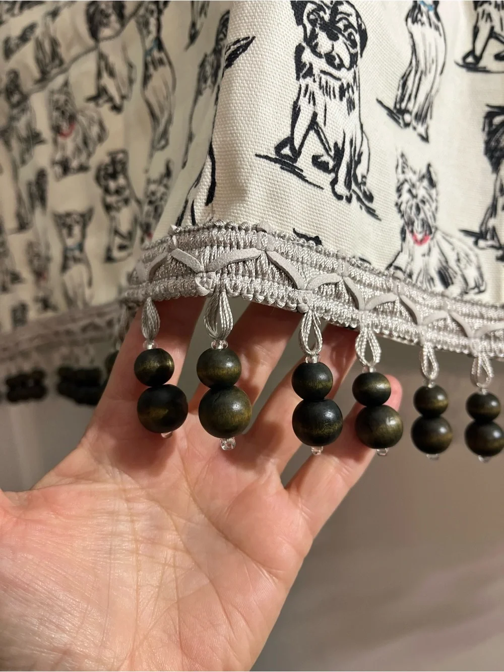 Dog Print Valance with Beaded Trim - Cream and Black